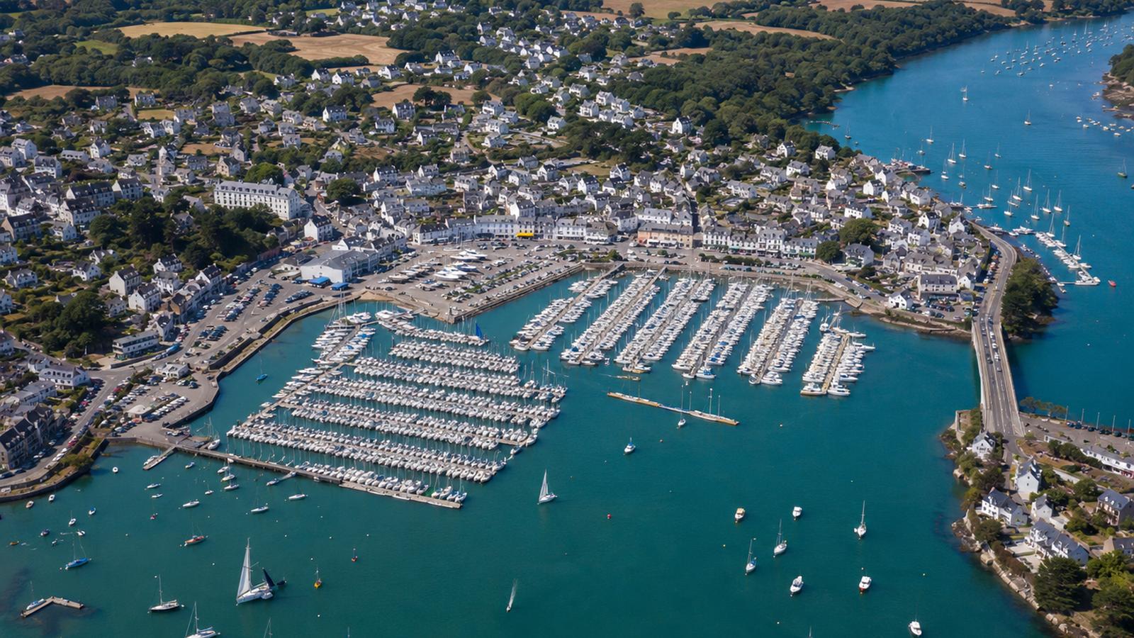 Vue aérienne du port de La Trinité-sur-Mer avec voiliers et bassin de plaisance