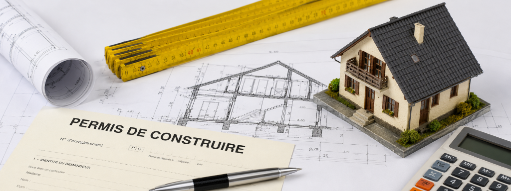 Permis de construire posé sur des plans de maison avec maquette, règle et calculatrice