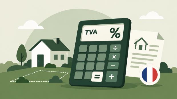 Illustration d’une calculatrice TVA pour un terrain à bâtir avec document immobilier