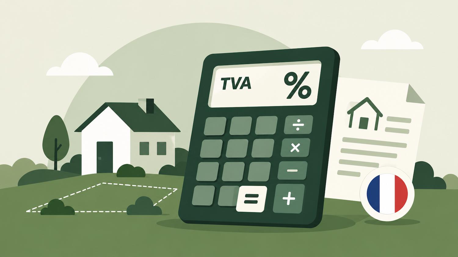 Illustration d’une calculatrice TVA pour un terrain à bâtir avec document immobilier
