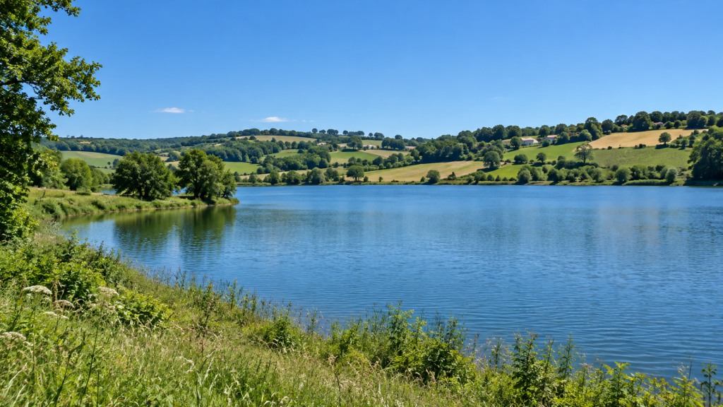 Lac paisible entouré de collines verdoyantes près de Serres-Castet