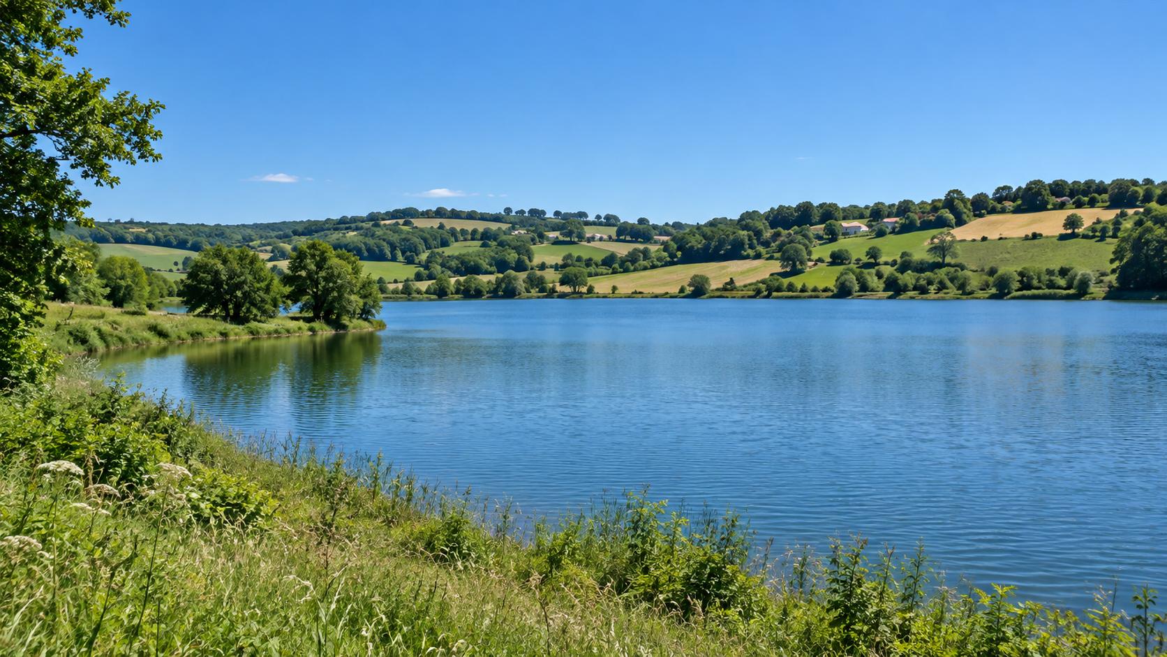 Lac paisible entouré de collines verdoyantes près de Serres-Castet